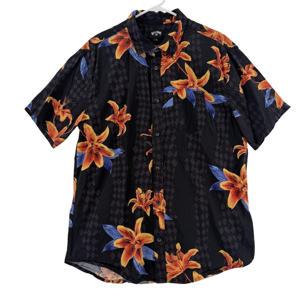 Billabong Shirt Mens Large Black Floral Hawaiian Short Sleeve Button Up Casual